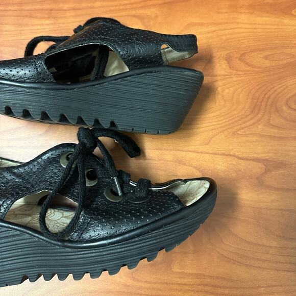 Fly London Ylva Lace Up Wedge Sandals Womens 38 7-7.5 Black Summer Open Toe - Picture 6 of 13